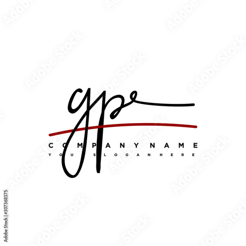 GP signature initials. Handwritten logo vector template with red underline. Hand drawn Calligraphy lettering Vector illustration.