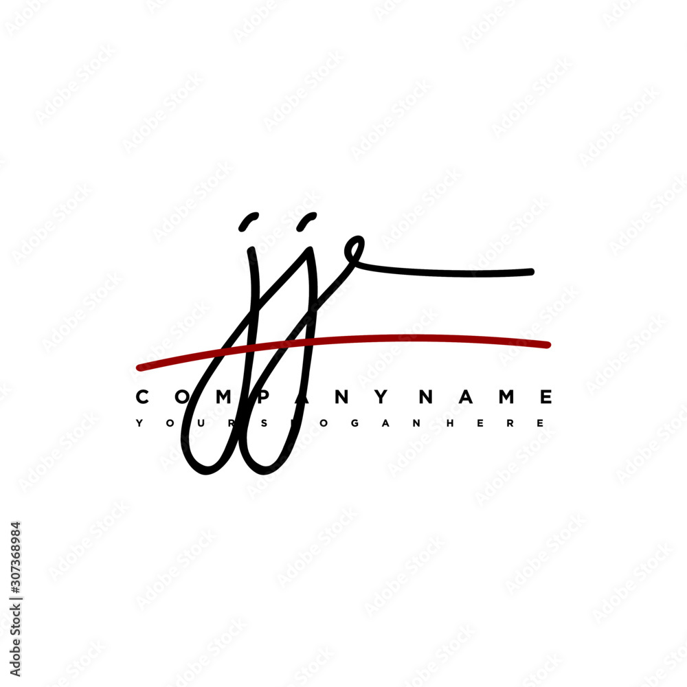 JJ signature initials. Handwritten logo vector template with red