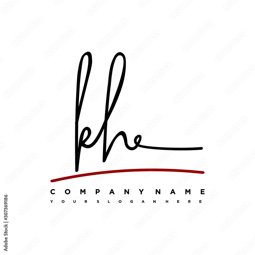 KH signature initials. Handwritten logo vector template with red