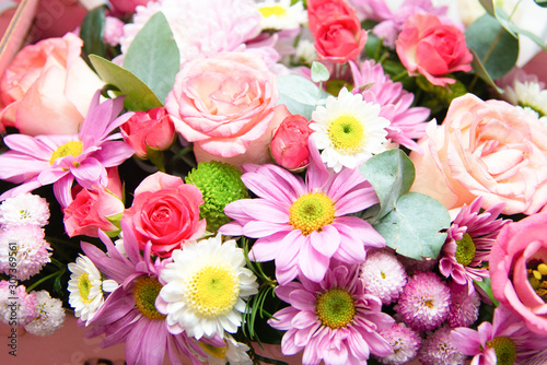 Bright flowers bouquet background. Beautiful close-up of a flower arrangement.