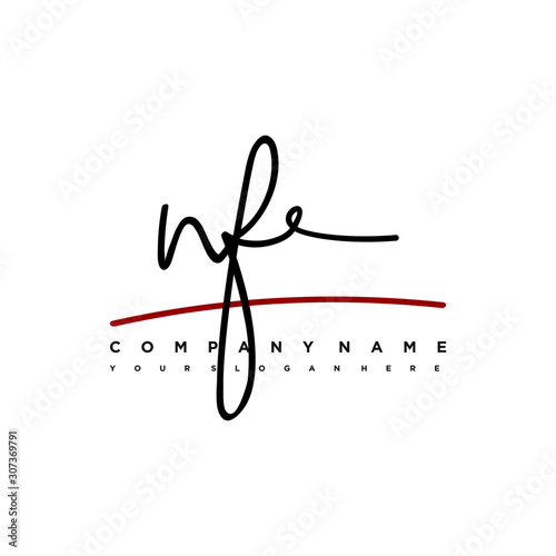 NF signature initials. Handwritten logo vector template with red underline. Hand drawn Calligraphy lettering Vector illustration.