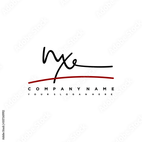 NX signature initials. Handwritten logo vector template with red underline. Hand drawn Calligraphy lettering Vector illustration.