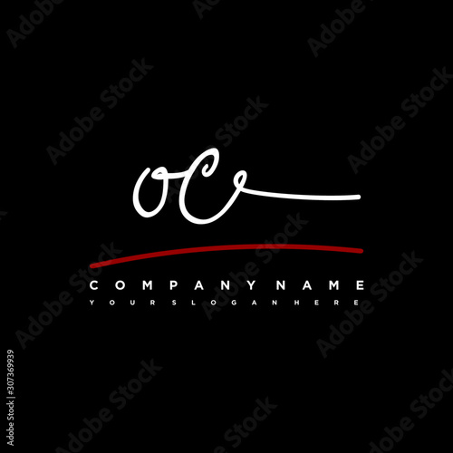 OC signature initials. Handwritten logo vector template with red underline. Hand drawn Calligraphy lettering Vector illustration.