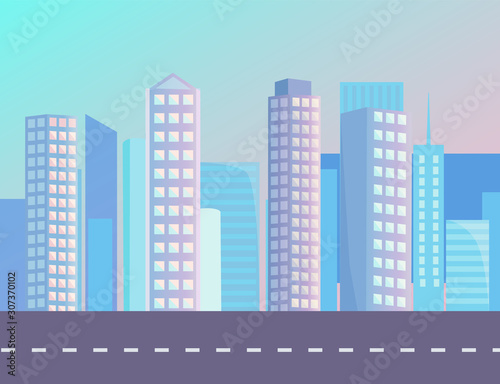 High buildings in city on background on sunset. Smooth asphalted road  street with no cars and white marking. Beautiful cityscape with skyscrapers and blue sky. Vector illustration in flat style