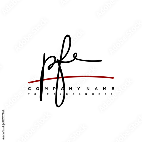 PF signature initials. Handwritten logo vector template with red underline. Hand drawn Calligraphy lettering Vector illustration.