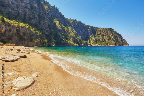 Fototapeta Naklejka Na Ścianę i Meble -  Summer butterfly valley sea beach view and cruise boat Oludeniz