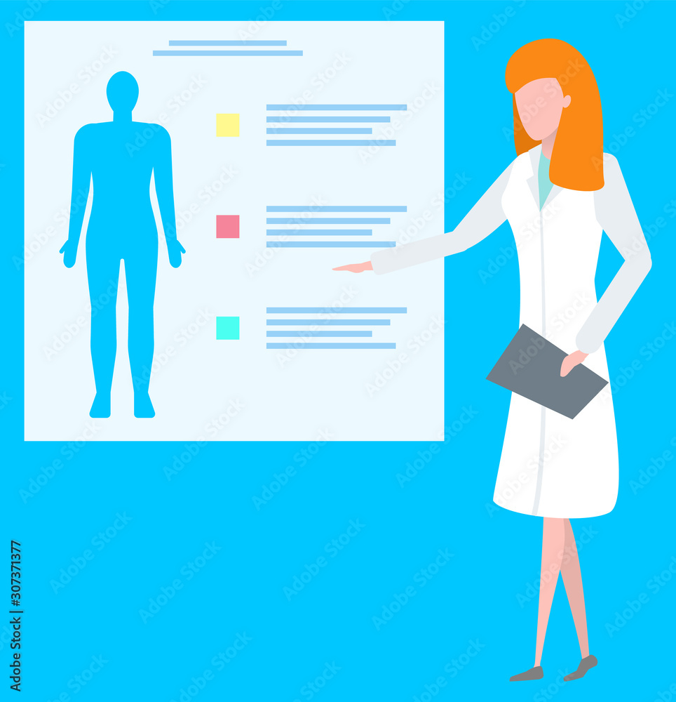 Doctor presenting report of client health, ct scan or mri. Diagnostic of human, medical healthcare, woman character in uniform researching, clinic vector