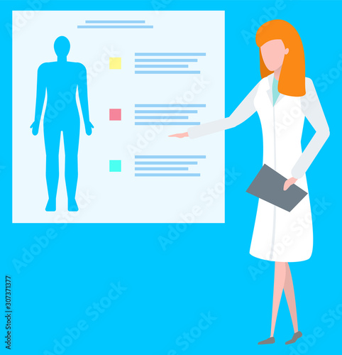 Doctor presenting report of client health, ct scan or mri. Diagnostic of human, medical healthcare, woman character in uniform researching, clinic vector