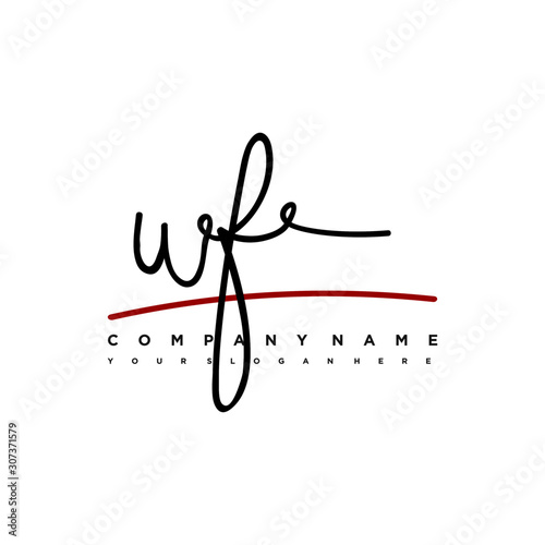 WF signature initials. Handwritten logo vector template with red underline. Hand drawn Calligraphy lettering Vector illustration.