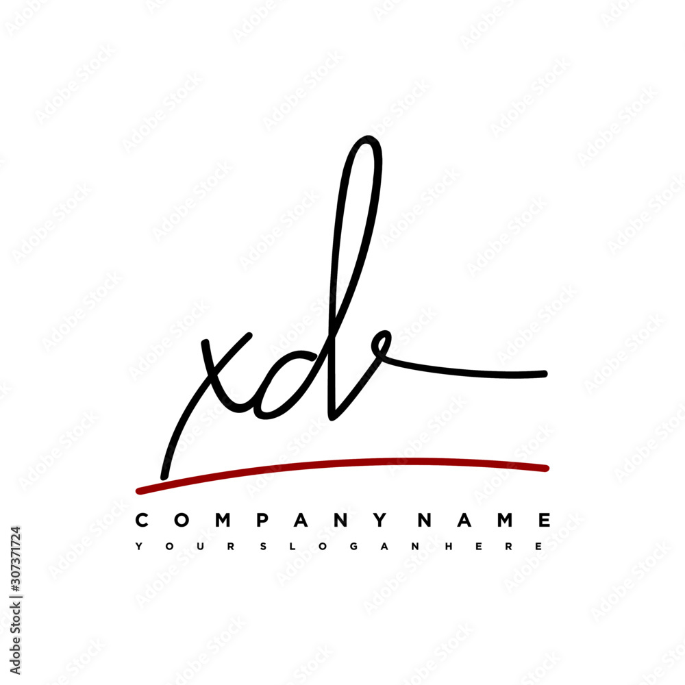 XD signature initials. Handwritten logo vector template with red