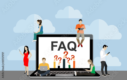 Frequently asked questions concept illustration of young people standing near letters and using smart phone, laptop and digital tablet. Flat women and men with letters symbols faq