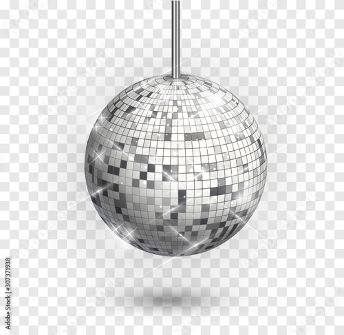 Disco ball isolated. Night Club party light element. Bright mirror silver ball design for disco dance club