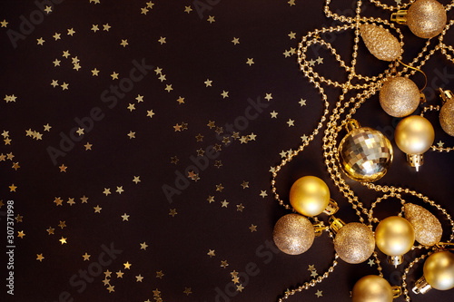christmas background with golden balls and stars