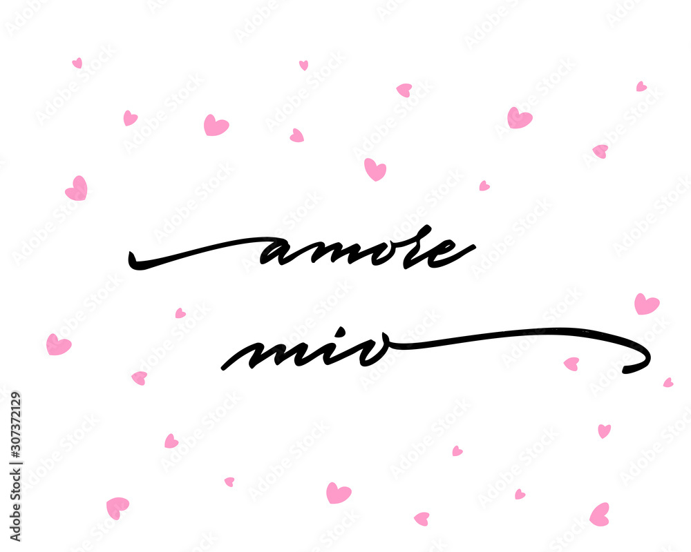 Amore mio Happy Valentine's Day Hand Lettering - Typographical Background Set with ornaments, hearts, ribbon, angel and arrow