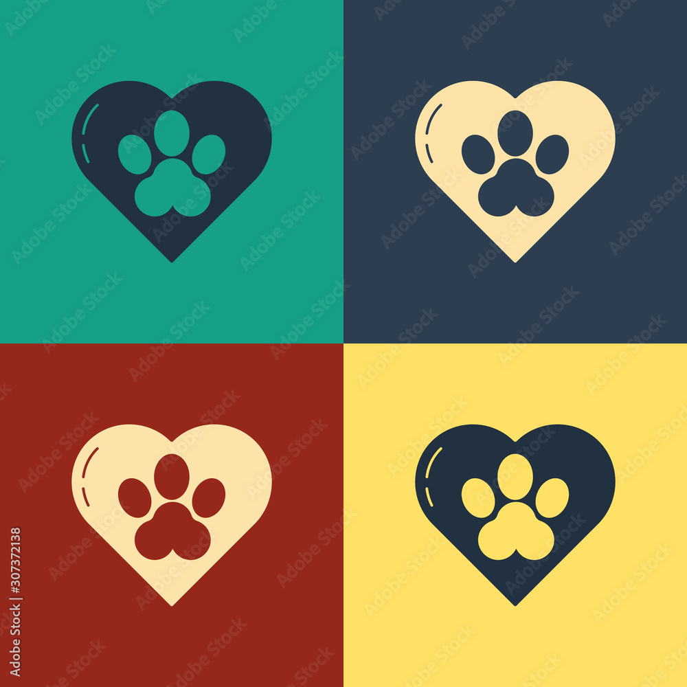 Color Heart with animals footprint icon isolated on color background. Pet  paw in heart. Love to the animals. Vintage style drawing. Vector  Illustration Stock Vector