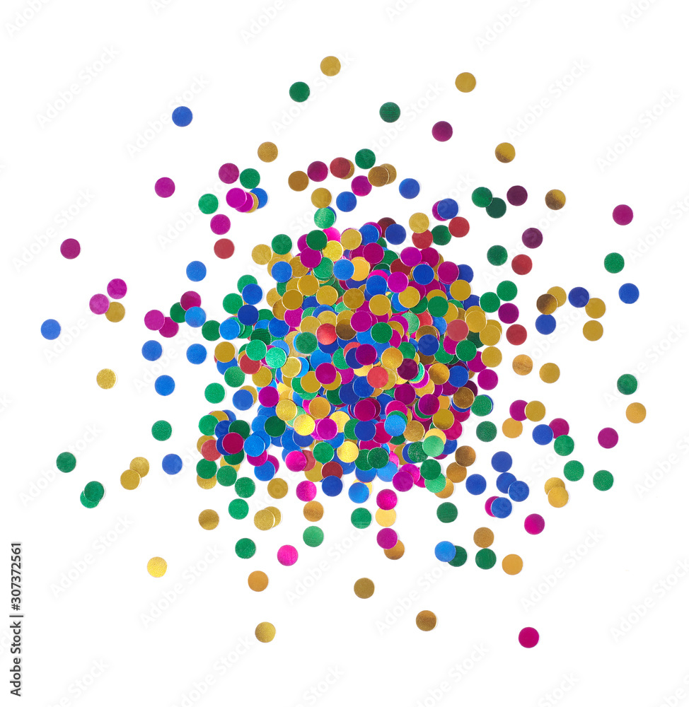 A heap of colorful confetti isolated on white background.