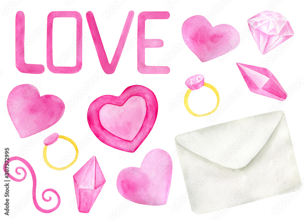 Watercolor romantic set for Saint Valentine's Day. Hand drawn pink hearts, love, diamonds, letter, ring. Elements isolated on white for greeting cards design, wrapping, posters, printing.