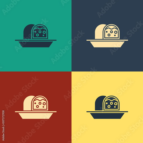 Color Marzipan sponge cake icon isolated on color background. Merry Christmas and Happy New Year. Vintage style drawing. Vector Illustration