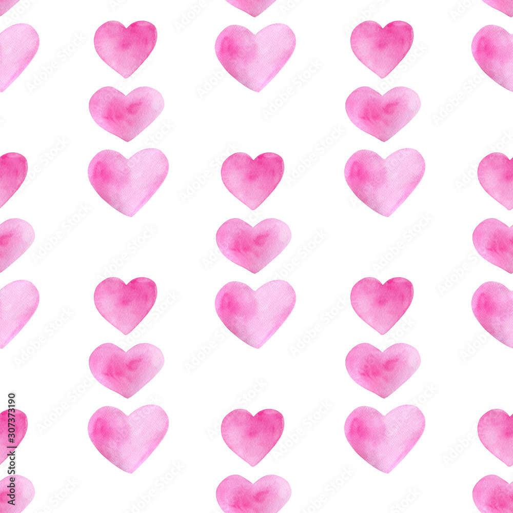 Watercolor romantic seamless pattern for Saint Valentine's Day. Hand drawn pink heart lines. Elements isolated on white background for greeting cards design, wrapping, posters, printing.