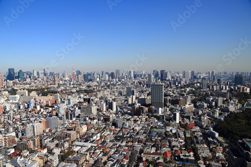 超高層ビルが林立する東京都市風景と快晴の青空