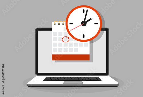 Calendar and clock on laptop screen. Schedule concepts. Modern flat design graphic elements. Vector illustration