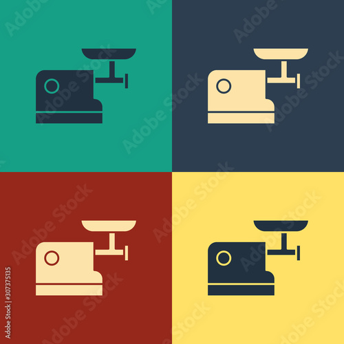 Color Kitchen meat grinder icon isolated on color background. Vintage style drawing. Vector Illustration