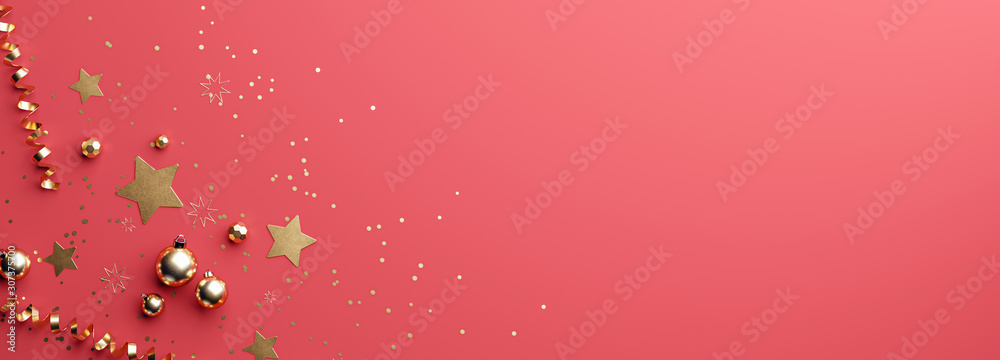 3d Rendering von Weihnachtsdeko und Christbaumkugeln zu Weihnachten für Werbung im Web mit Textfreiraum oder Copy-space im Querformat 3d Rendering von Weihnachtsdeko und Christbaumkugeln zu Weihnachten für Werbung im Web mit Textfreiraum oder Copy-space im Querformat