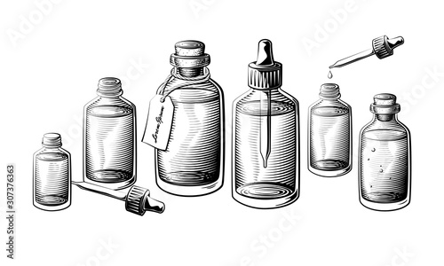 Small medicine or various extracts bottle set. Bottles filled with liquid vector illustration.