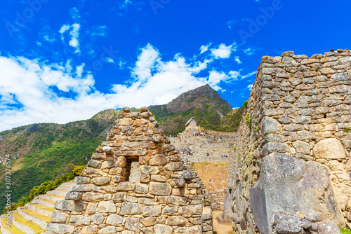 View of the walls of the ancient city of Machu Picchu, Peru.