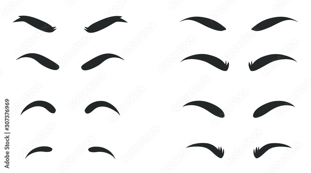Eyebrows shapes Set. Eyebrow shapes. Various types of eyebrows. Makeup tips. Eyebrow shaping for women. Classic type and different thickness of brows. - obrazy, fototapety, plakaty 