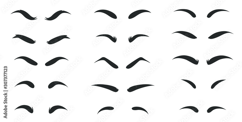 Eyebrows shapes Set. Eyebrow shapes. Various types of eyebrows. Makeup tips. Classic type and different thickness of brows. - obrazy, fototapety, plakaty 