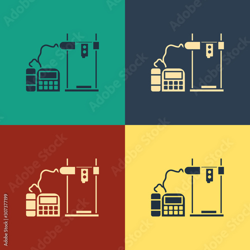 Color 3D printer icon isolated on color background. Vintage style drawing. Vector Illustration