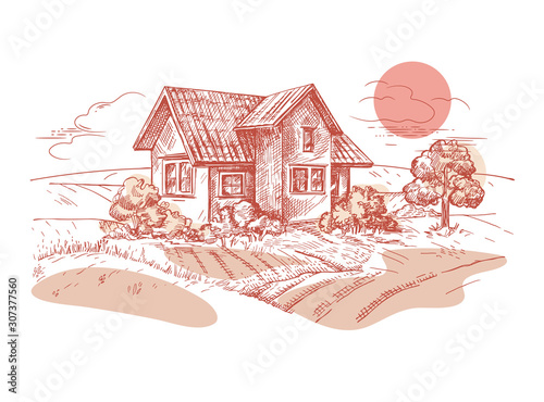 A vector image of a village house. The village landscape.
