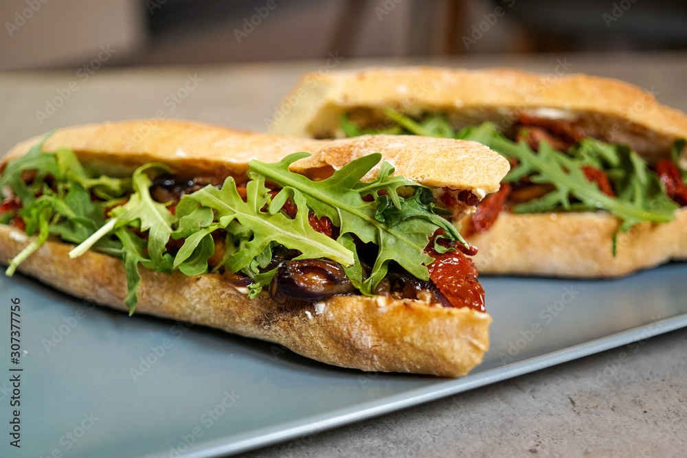 Sandwich on a restaurant table Sandwich on a restaurant table