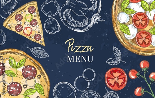 Horizontal banner with pizza and pizza ingredients. Basil, champignons, tomatoes, mozzarella, onions, paprika.