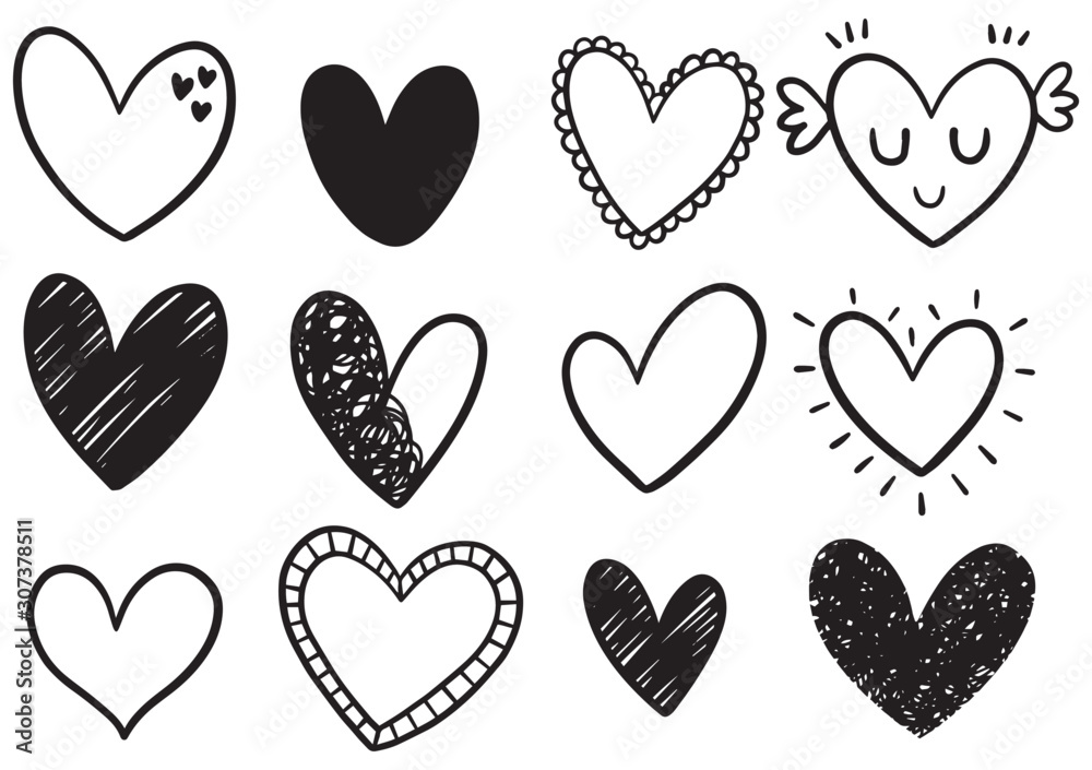 collection set of hand drawn scribble hearts isolated on white ...