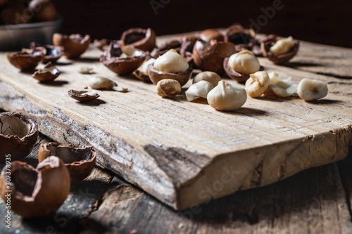 Organic Macadamia nut on wooden