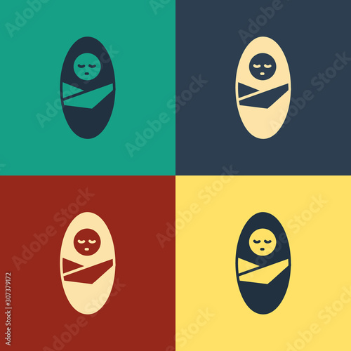 Color Newborn baby infant swaddled or swaddling icon isolated on color background. Baby kid child wrapped in blanket clothes. Vintage style drawing. Vector Illustration