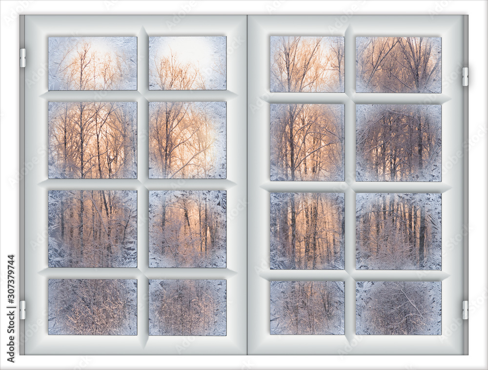 Fototapeta premium the window is covered with ice frost