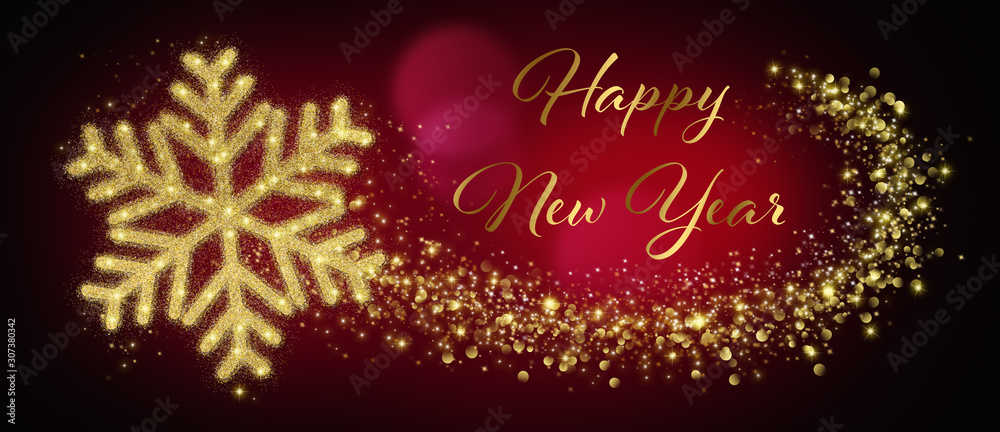 New Year Card With Golden Snowflake In Abstract Red Night New Year Card With Golden Snowflake In Abstract Red Night