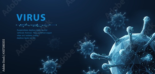 Virus. Abstract vector 3d viral microbe isolated on blue background. Allergy bacteria, medical healthcare, microbiology concept. photo