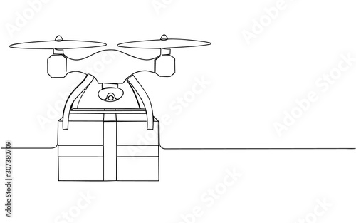Package delivery by quadrocopter. Isolated stock vector illustration drawn in one line.