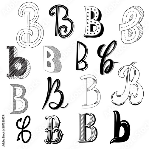 Hand drawn set of different writing styles for letter B
