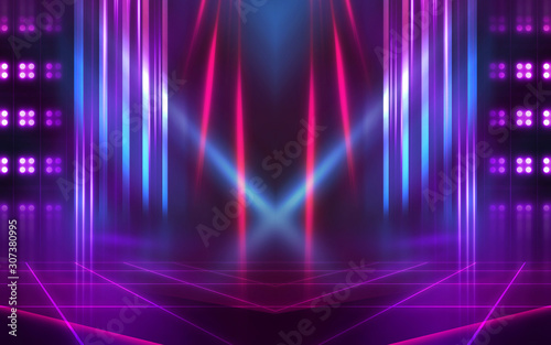 Empty dark abstract background. Background of empty show scene. Glow of neon lights on an empty concert stage.