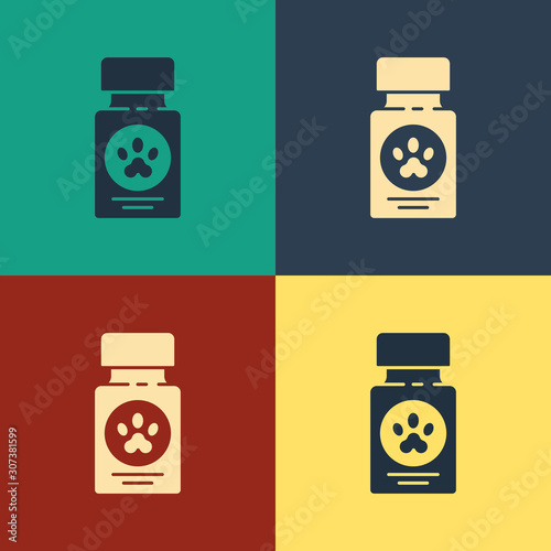Color Dog medicine bottle and pills icon isolated on color background. Container with pills. Prescription medicine for animal. Vintage style drawing. Vector Illustration