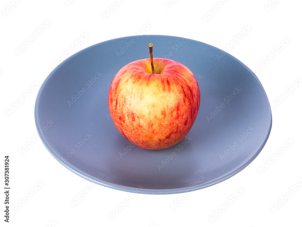 Perfect red apple on plate isolated on white background. Juicy and fresh apple for ads Perfect red apple on plate isolated on white background. Juicy and fresh apple for ads