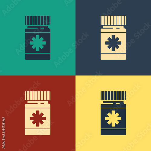 Color Dog medicine bottle and pills icon isolated on color background. Container with pills. Prescription medicine for animal. Vintage style drawing. Vector Illustration