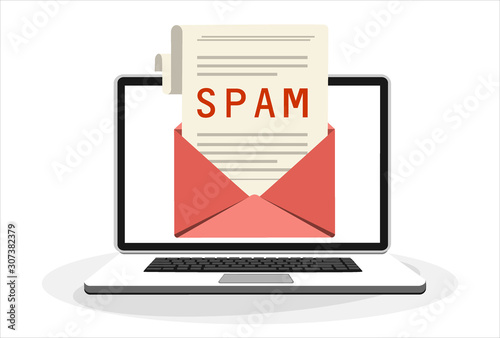 Spam Email Warning Window Appear On Laptop Screen. Concept of virus, piracy, hacking and security. Envelope with spam. Website banner of e-mail protection, anti-malware software. Flat vector.