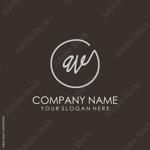 AV initials signature logo. Handwritten vector logo template connected to a circle. Hand drawn Calligraphy lettering Vector illustration.