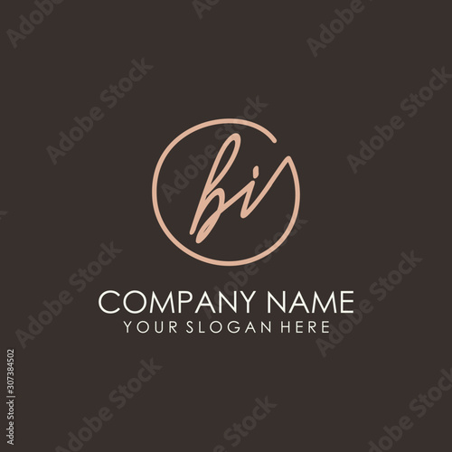 BI initials signature logo. Handwritten vector logo template connected to a circle. Hand drawn Calligraphy lettering Vector illustration.